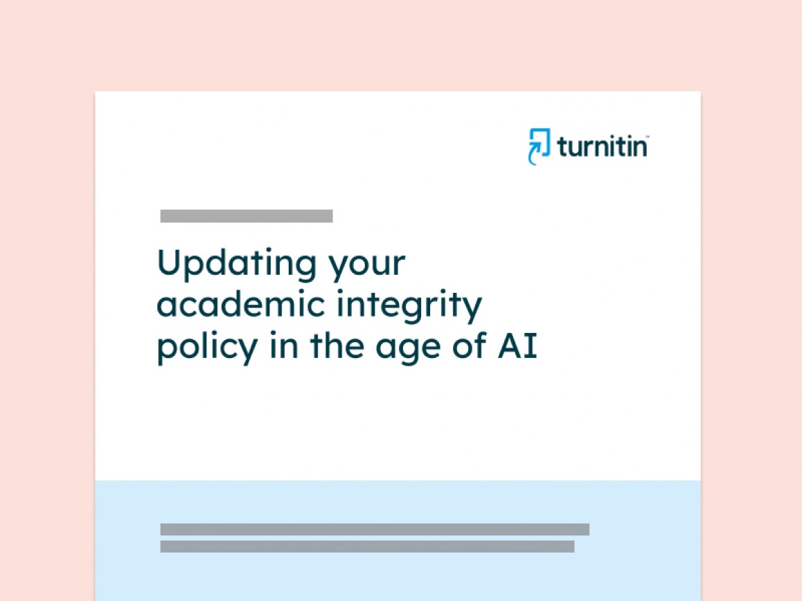 Illustration of a document with the turnitin logo and text that reads Updating your academic integrity policy in the age of AI