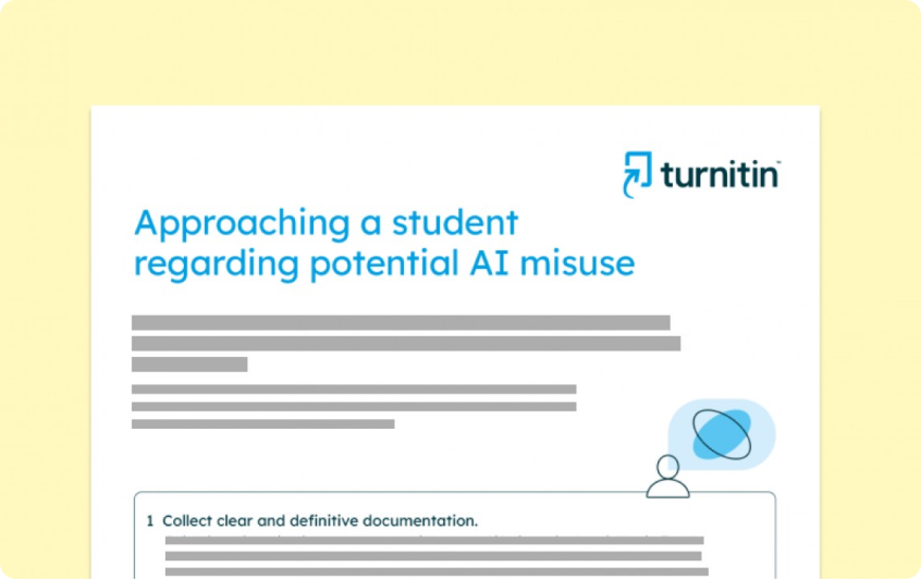 Illustration of a document with the Turnitin logo and text that reads AI conversations: Approaching a student regarding potential AI misuse