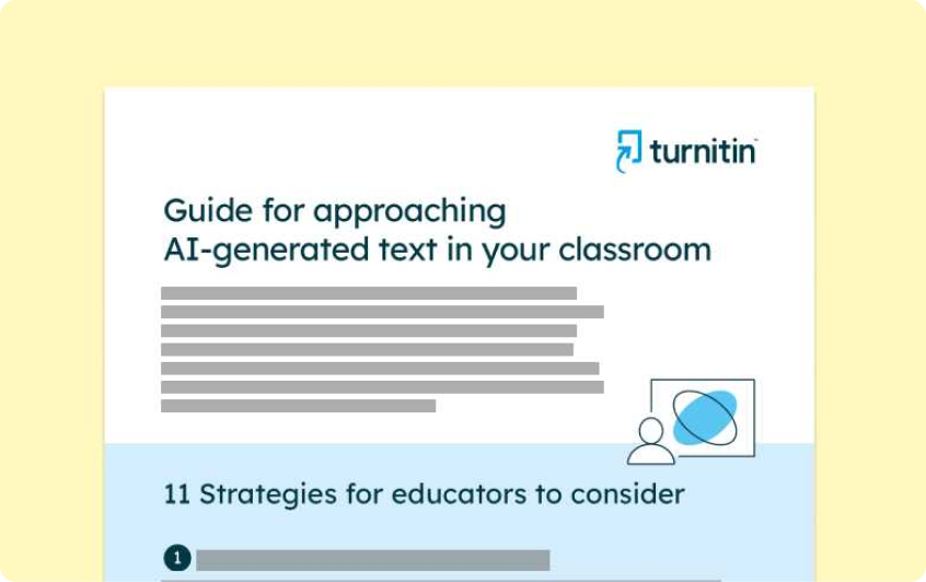 Illustration of a document with the turnitin logo and text that reads Guide for approaching AI-generated text in your classroom